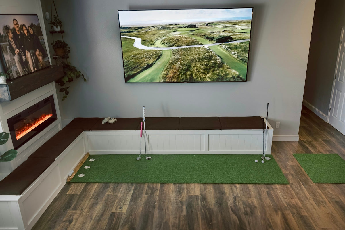 Indoor putting green in a living room