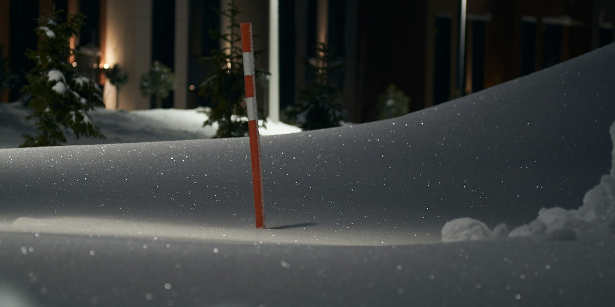 A snow-covered landscape with a striped pole