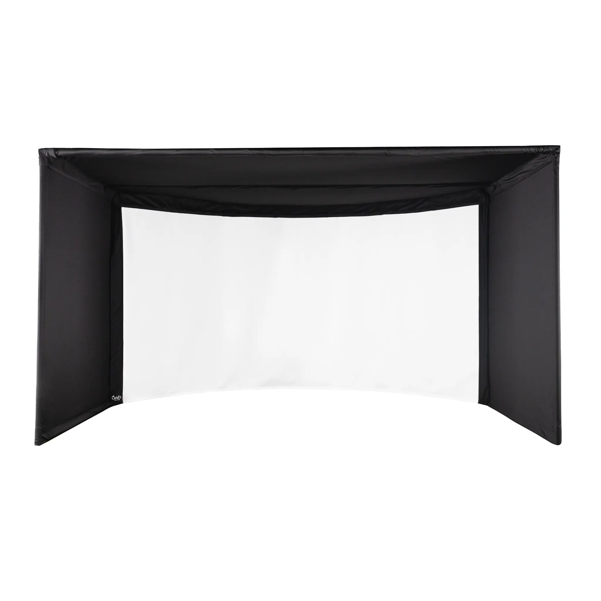 A curved black golf simulator enclosure features a large white screen at the center, designed to provide an immersive indoor golfing experience. The enclosures sleek design enhances the visual appeal for any golf enthusiast.