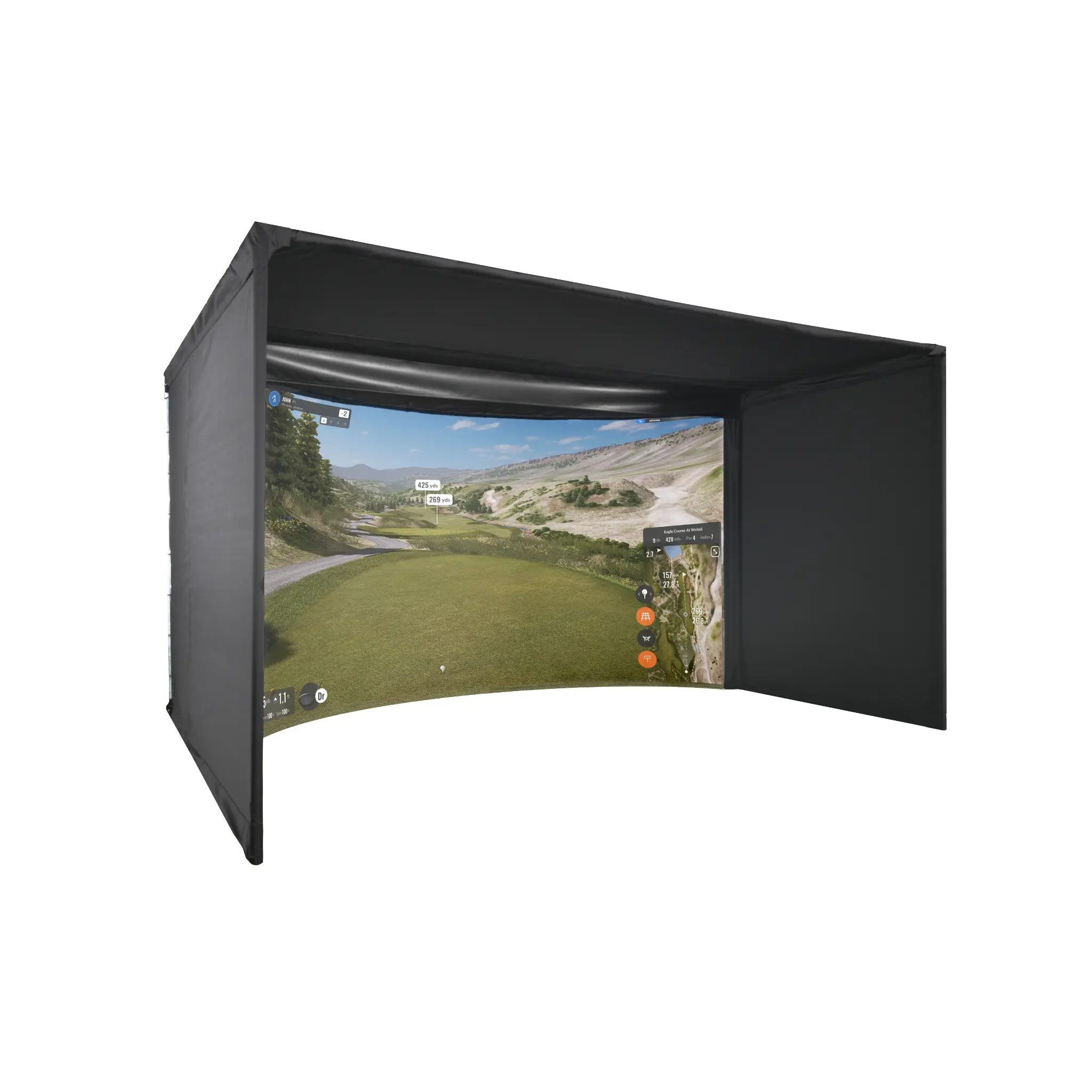 A curved golf simulator enclosure featuring a panoramic screen displaying a realistic golf course scene. The enclosure is designed with a black exterior and provides an immersive indoor golfing experience.
