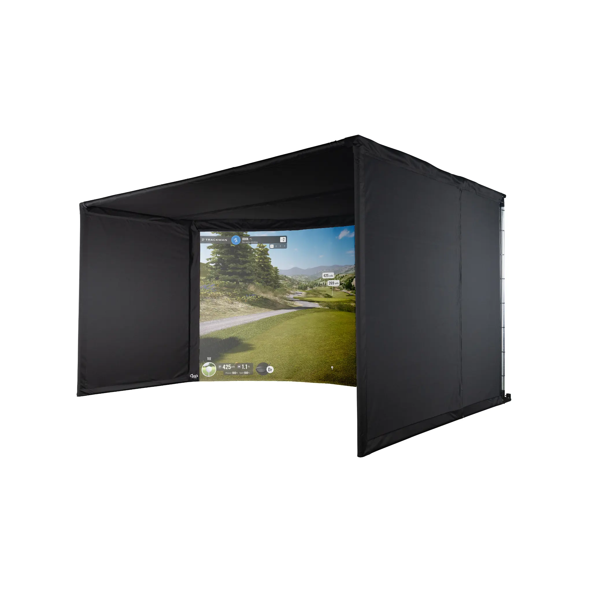 A black golf simulator enclosure with a curved design is set up indoors, featuring a large screen displaying a golf course landscape. The setup emphasizes an immersive experience for indoor golf practice, enhancing realism and playability.