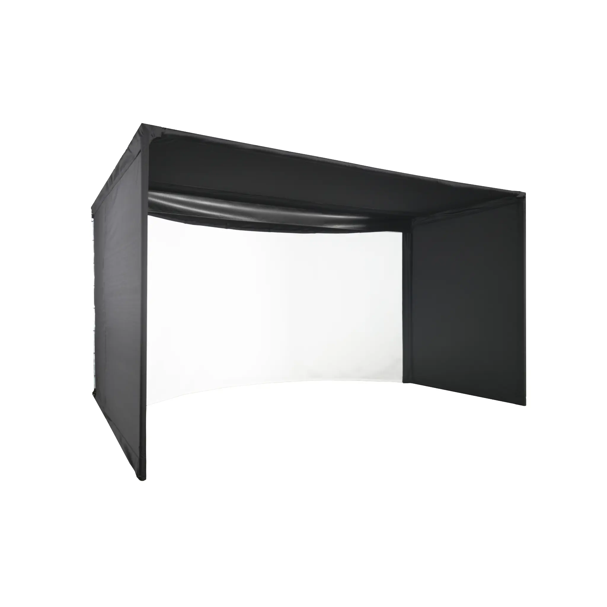 A curved black golf simulator enclosure with a white screen, designed to enhance indoor golfing experiences. The structure features a sleek design, providing a panoramic view for users during practice sessions.