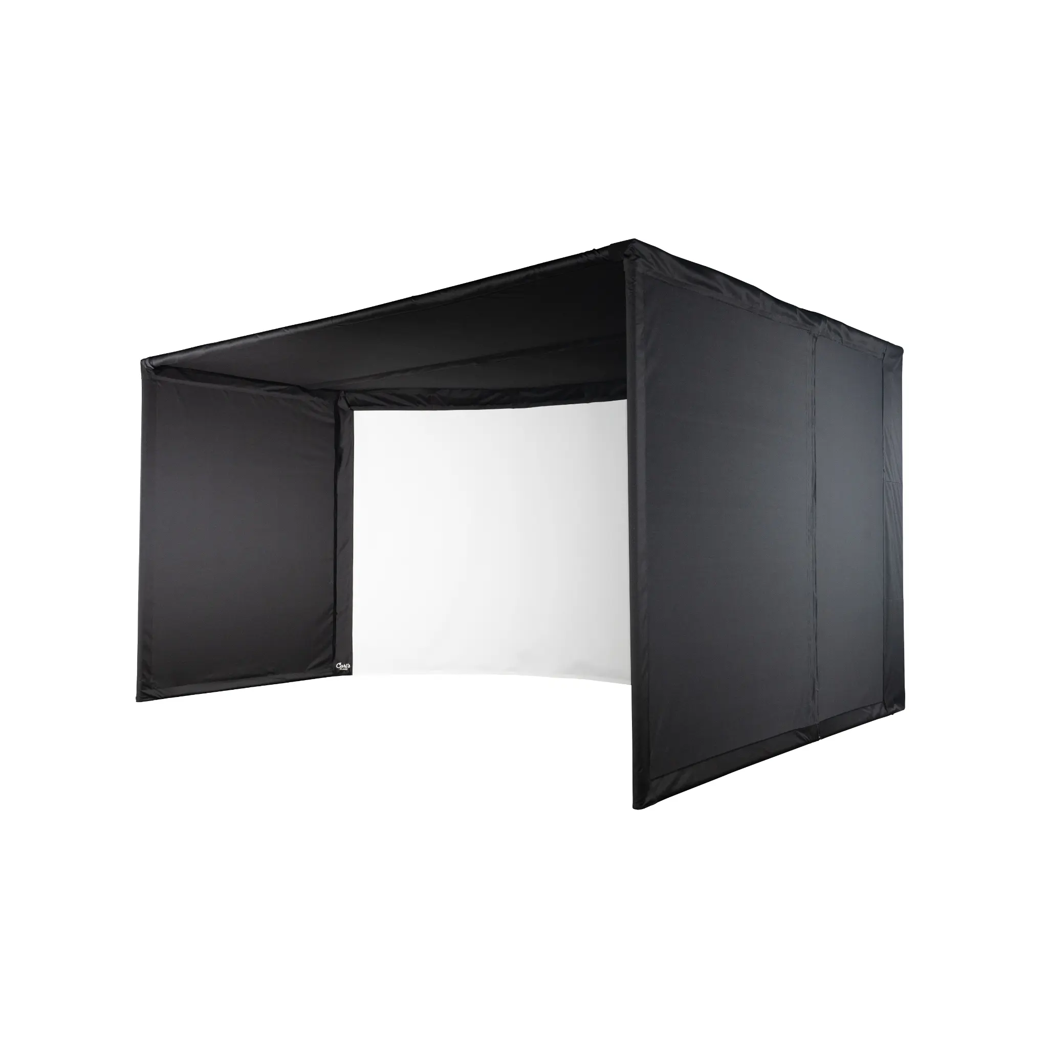 A black golf simulator enclosure with a curved design, featuring solid fabric walls and a white front screen. The structure is freestanding, ideal for creating an immersive indoor golfing experience.