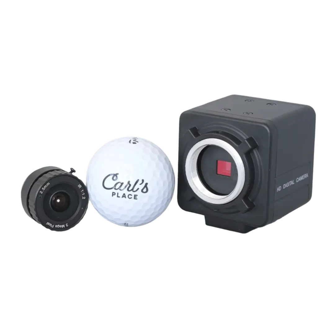 Golf Swing Camera Set with mount and cables displayed on a white background.