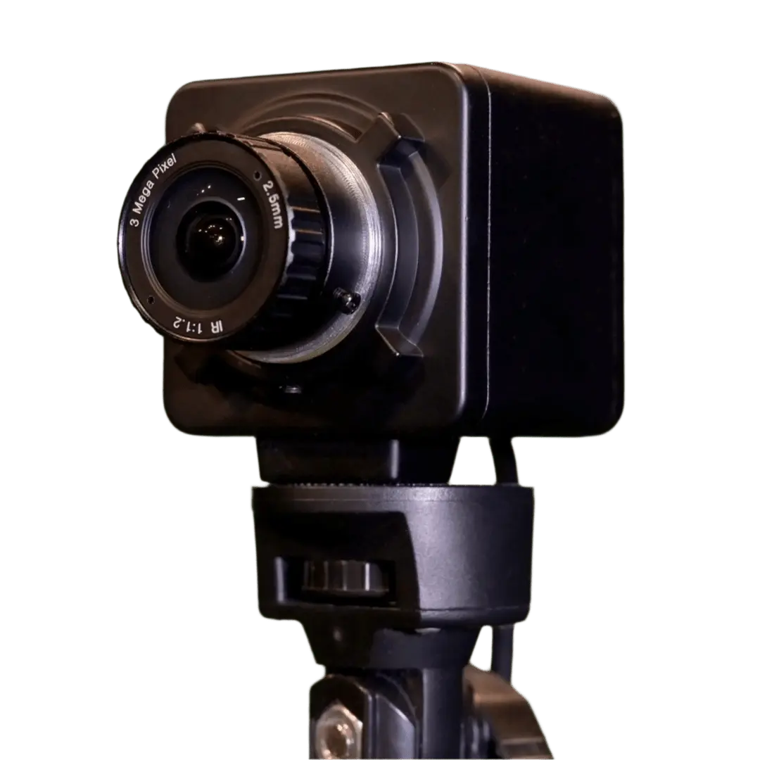 Close-up of Carl's Place Golf Swing Camera Set with a wide lens and visible Uneekor software interface on screen