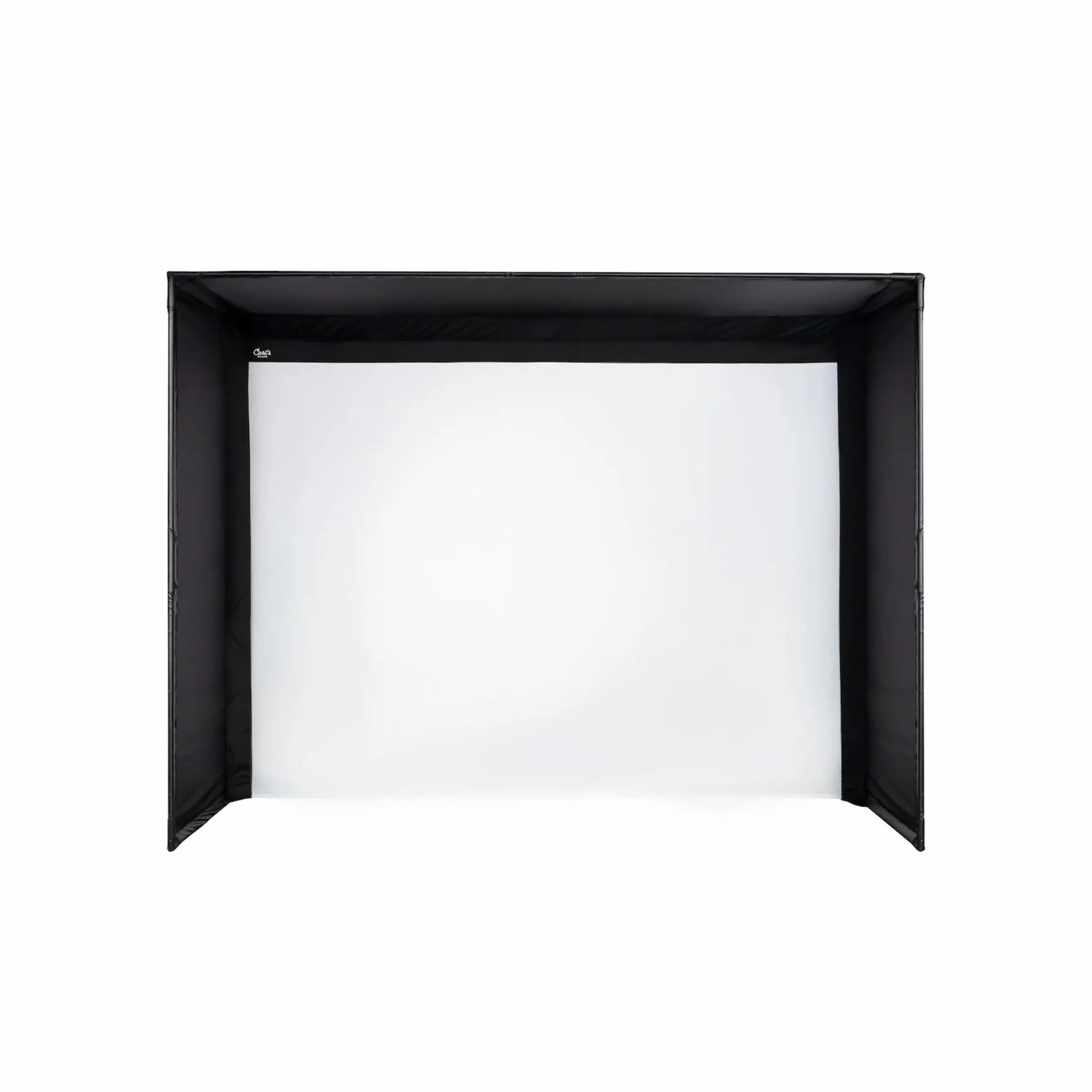 A black golf simulator enclosure features a large white impact screen at the center, designed for indoor use. The structure is made of high-quality nylon, providing a professional and durable setup for golf practice.