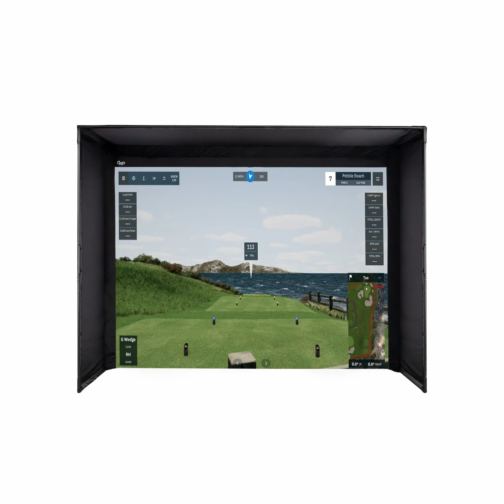 A golf simulator setup featuring a large impact screen displaying a realistic golf course scene with mountains and water in the background. The enclosure is framed in black, providing a professional appearance for indoor golfing.