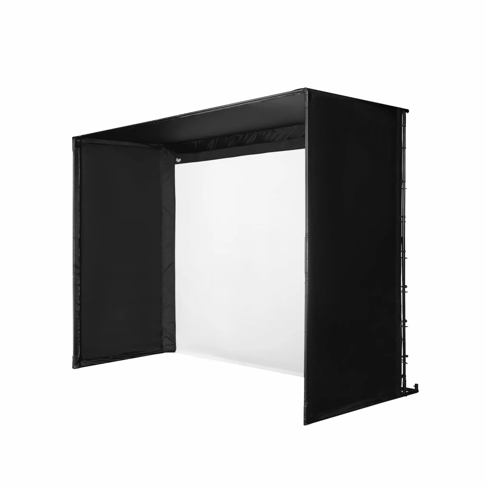 A black golf simulator enclosure with a white impact screen in the center. The structure features durable nylon fabric and robust connector fittings, designed for a seamless installation in a home or indoor space.