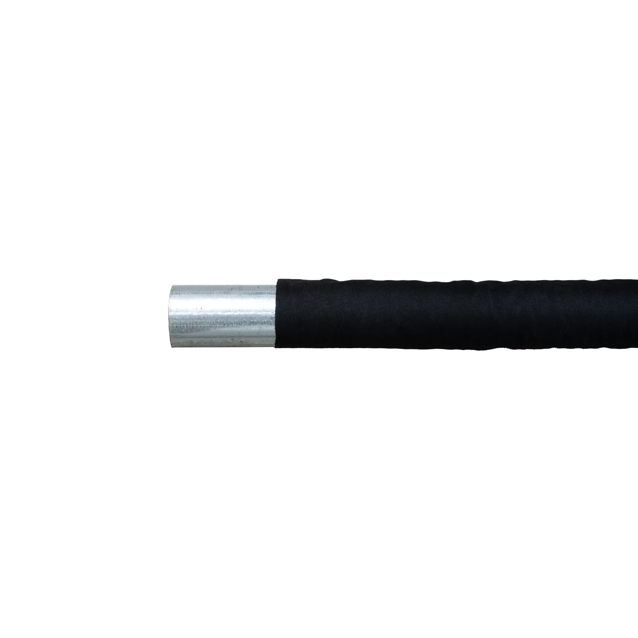 Close-up view of a black padded grip with a silver metal end, designed for use in a golf simulator setup. The image highlights the texture of the grip and the sleek finish of the metal, emphasizing durability and comfort.