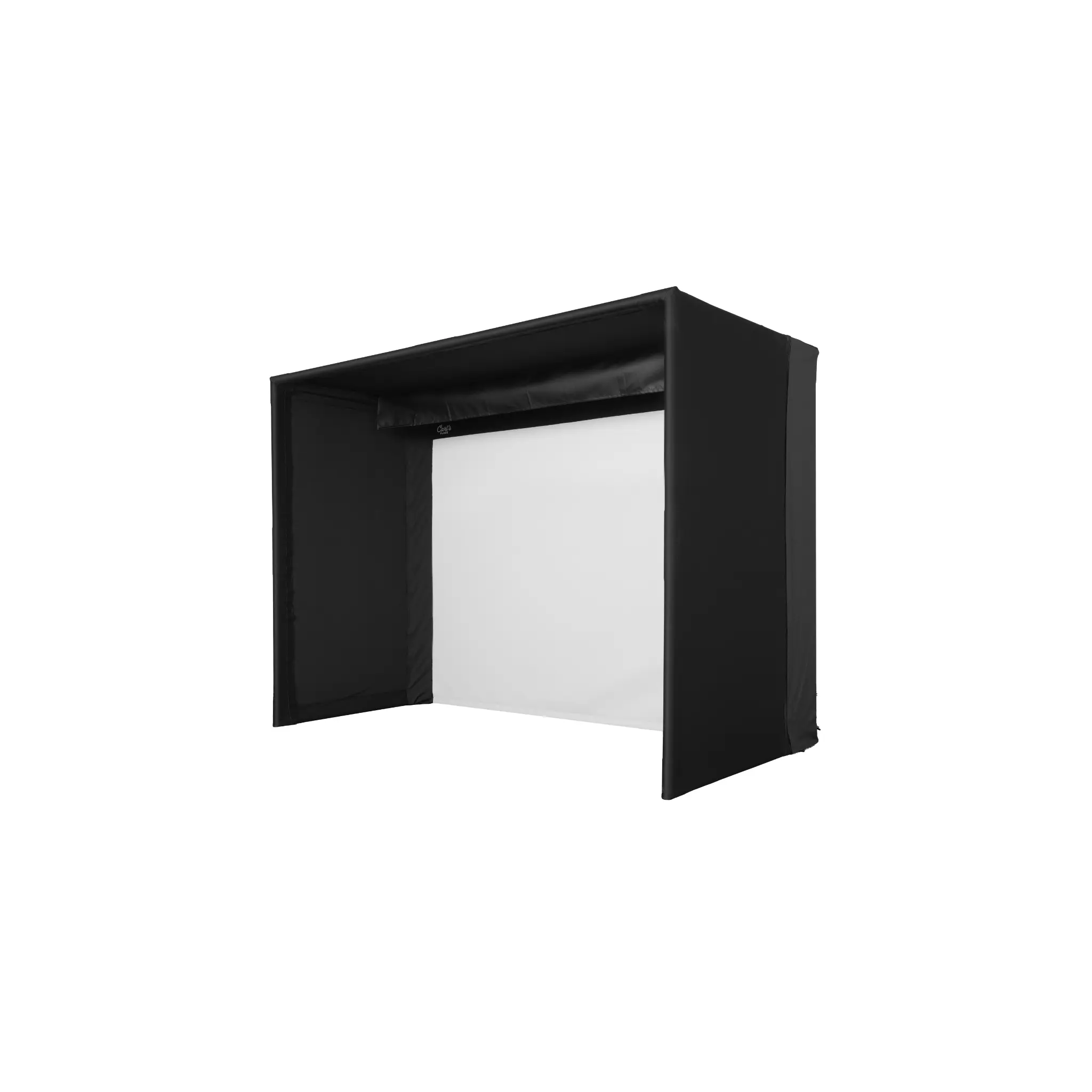 A black golf simulator enclosure features a spacious opening with a white screen in the center, designed for indoor use. The structure is sleek and modern, perfect for enhancing the golfing experience in upscale settings.