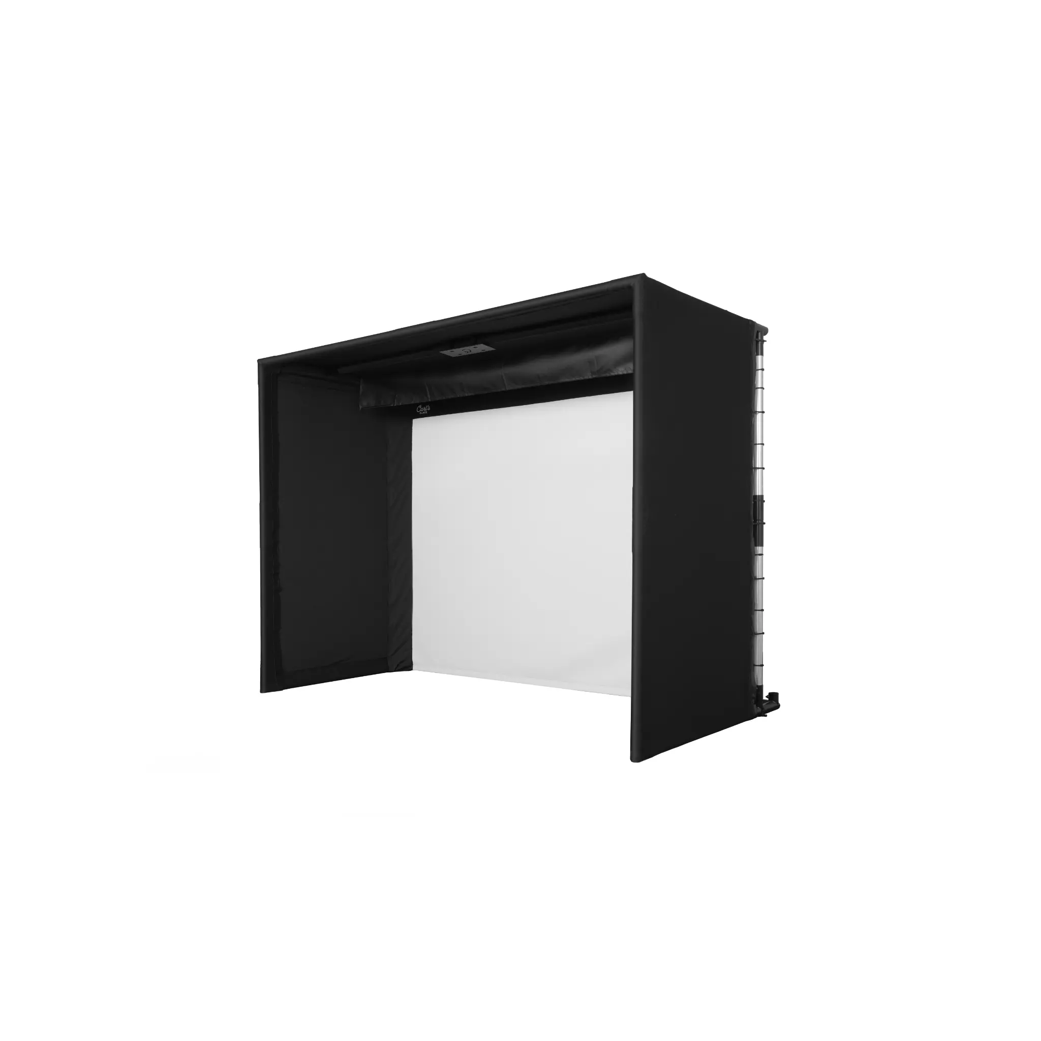 A black golf simulator enclosure kit is displayed, featuring a sturdy frame with a white screen at the center. The enclosure is designed to provide an immersive indoor golfing experience, ideal for home or commercial use.