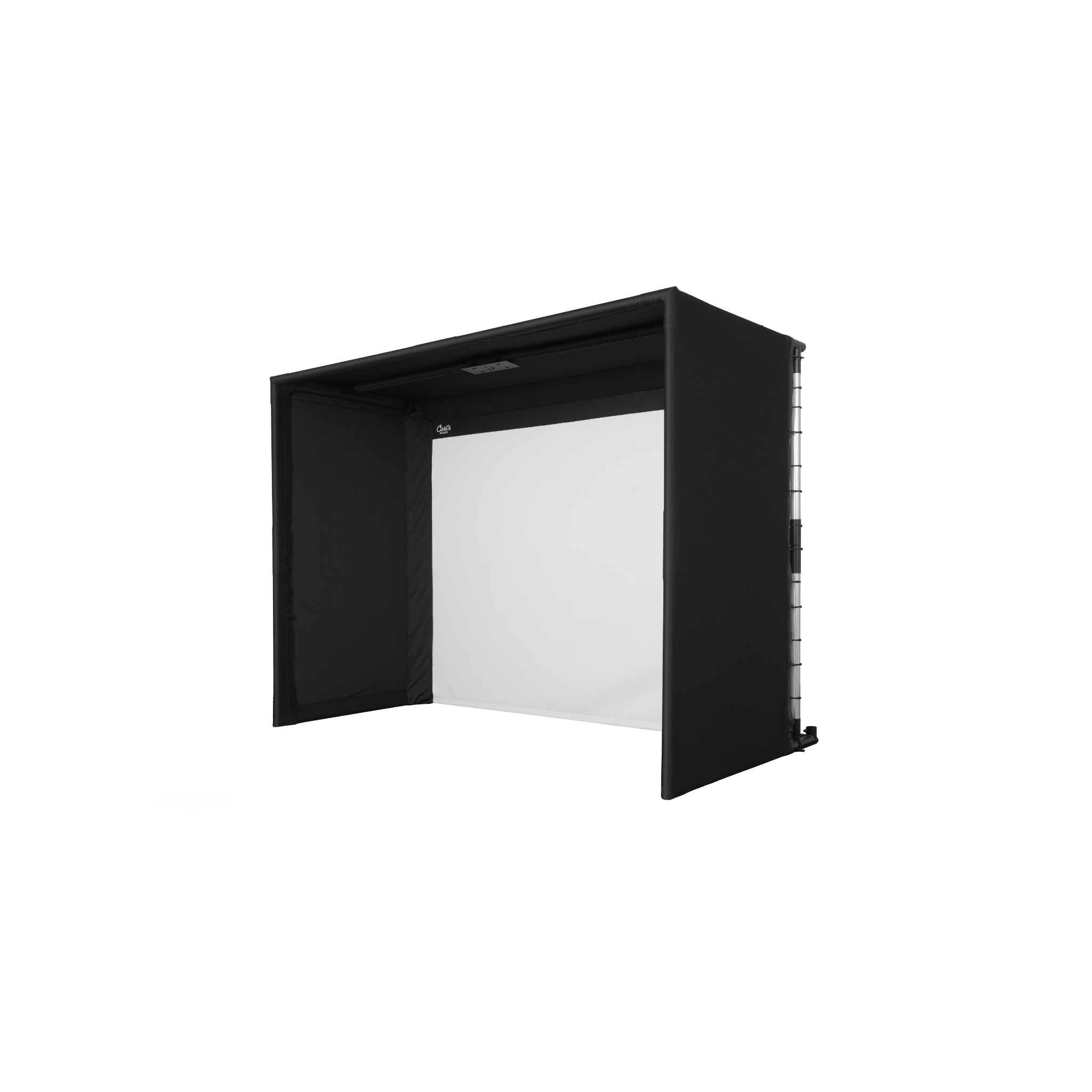 A black golf simulator enclosure kit is displayed against a white background. The enclosure features side walls and a front screen, designed to enhance indoor golf experiences with a sleek and professional appearance.