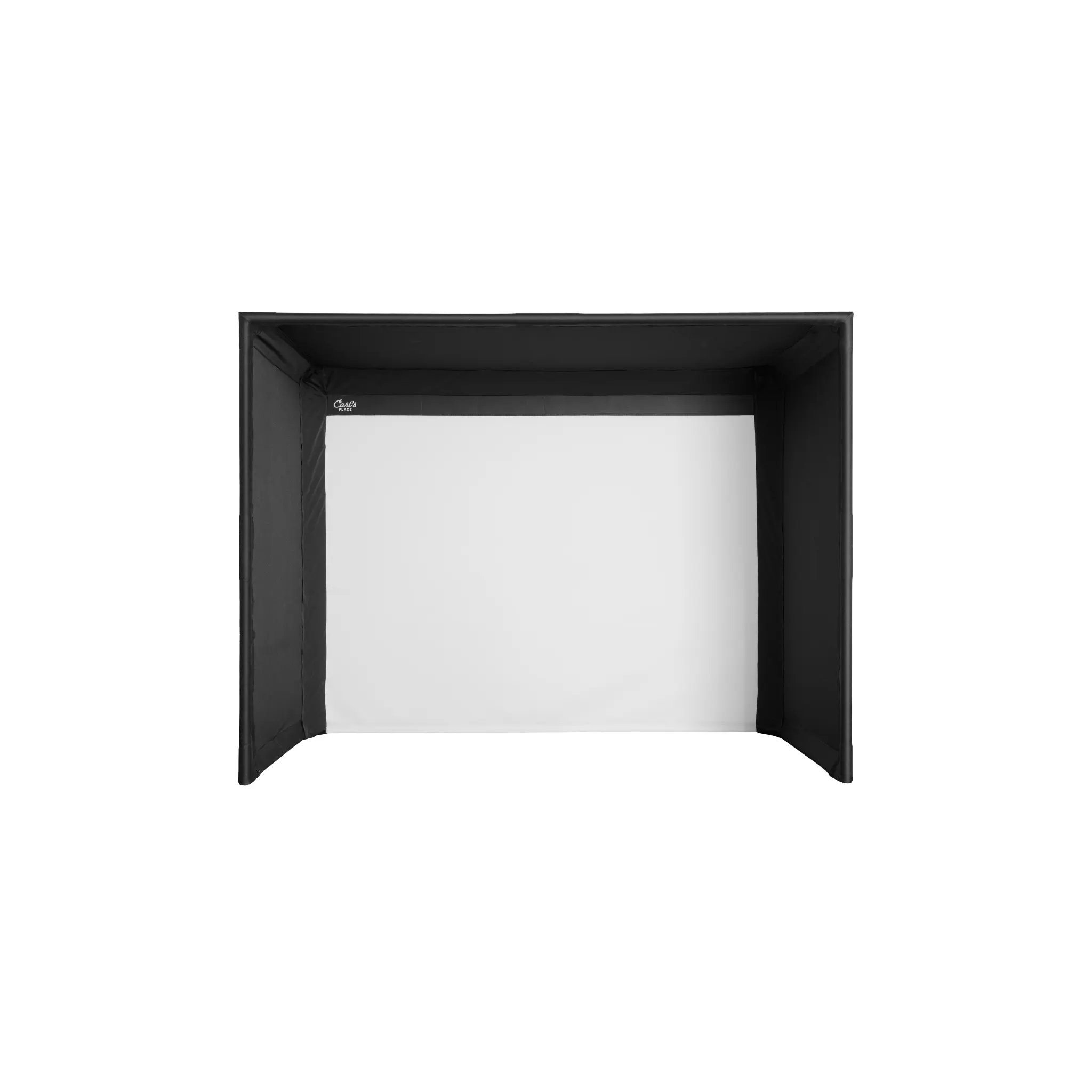 Carl's Place Indoor golf simulator enclosure with white projection screen