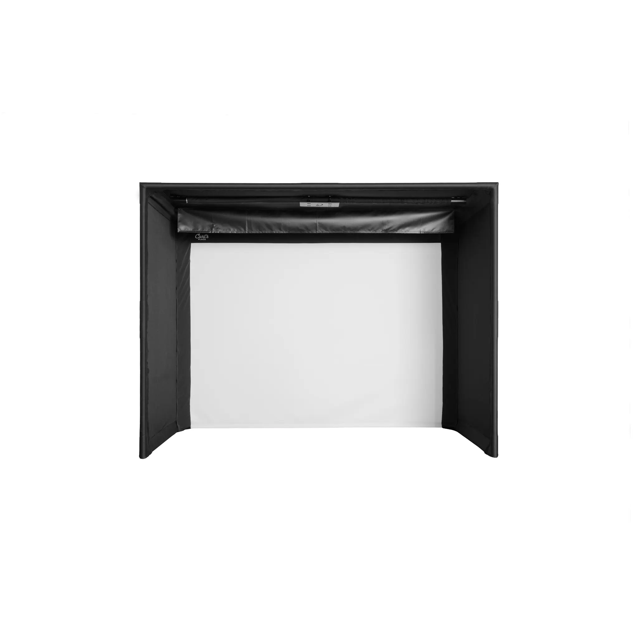 Carl's Place Indoor golf simulator enclosure with white projection screen with baffle and crossbar
