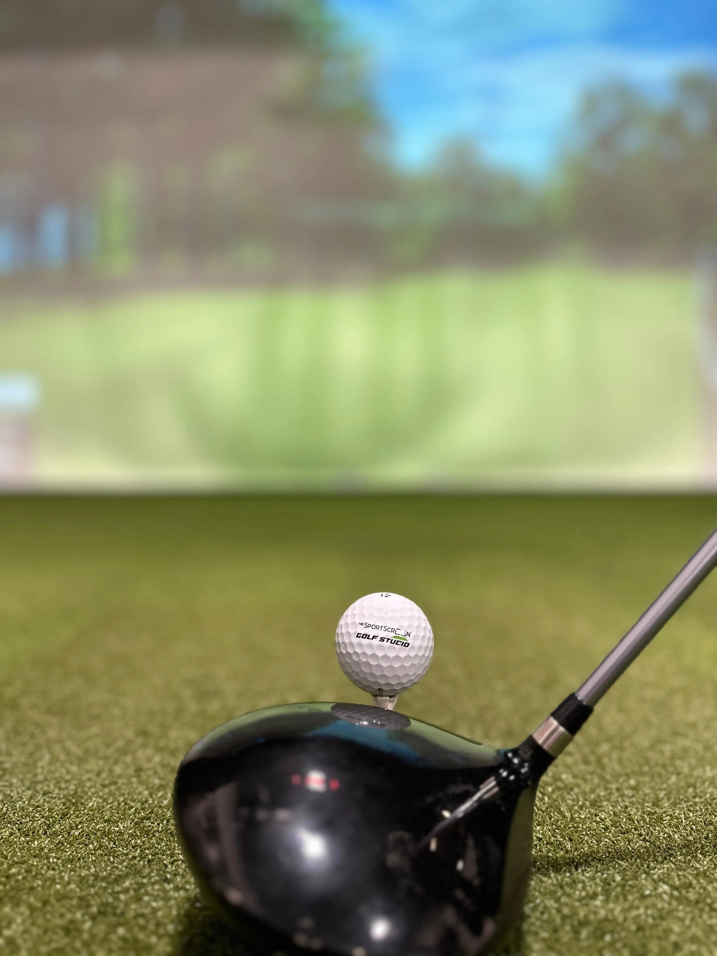 Golf ball teed up for a shot for the SportScreen Parlour series golf simulator enclosure