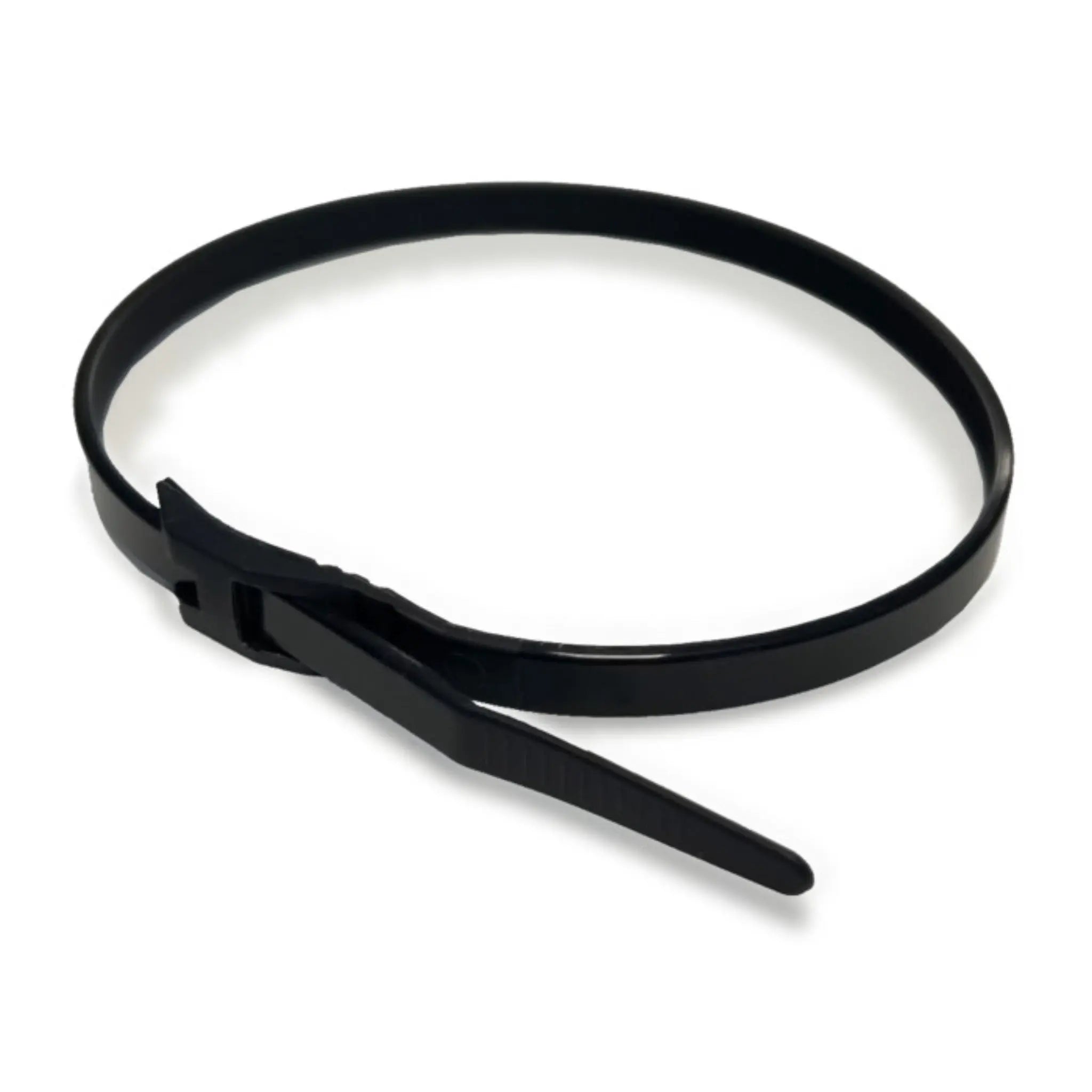 A black plastic cable tie is displayed on a white background. The tie features a locking mechanism and a tapering end, designed for securing items together or organizing cables.