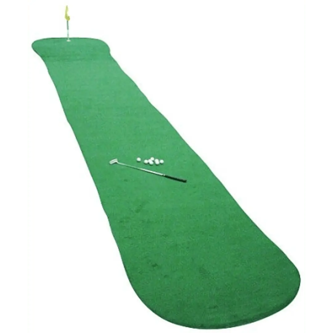 Big Moss Long Putt 60' Putting Green set with golf club, balls, and flag on a green indoor surface.