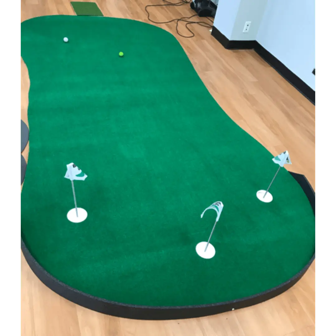 The General Putting Green with three flags, two white golf balls, and a wood floor surrounding it