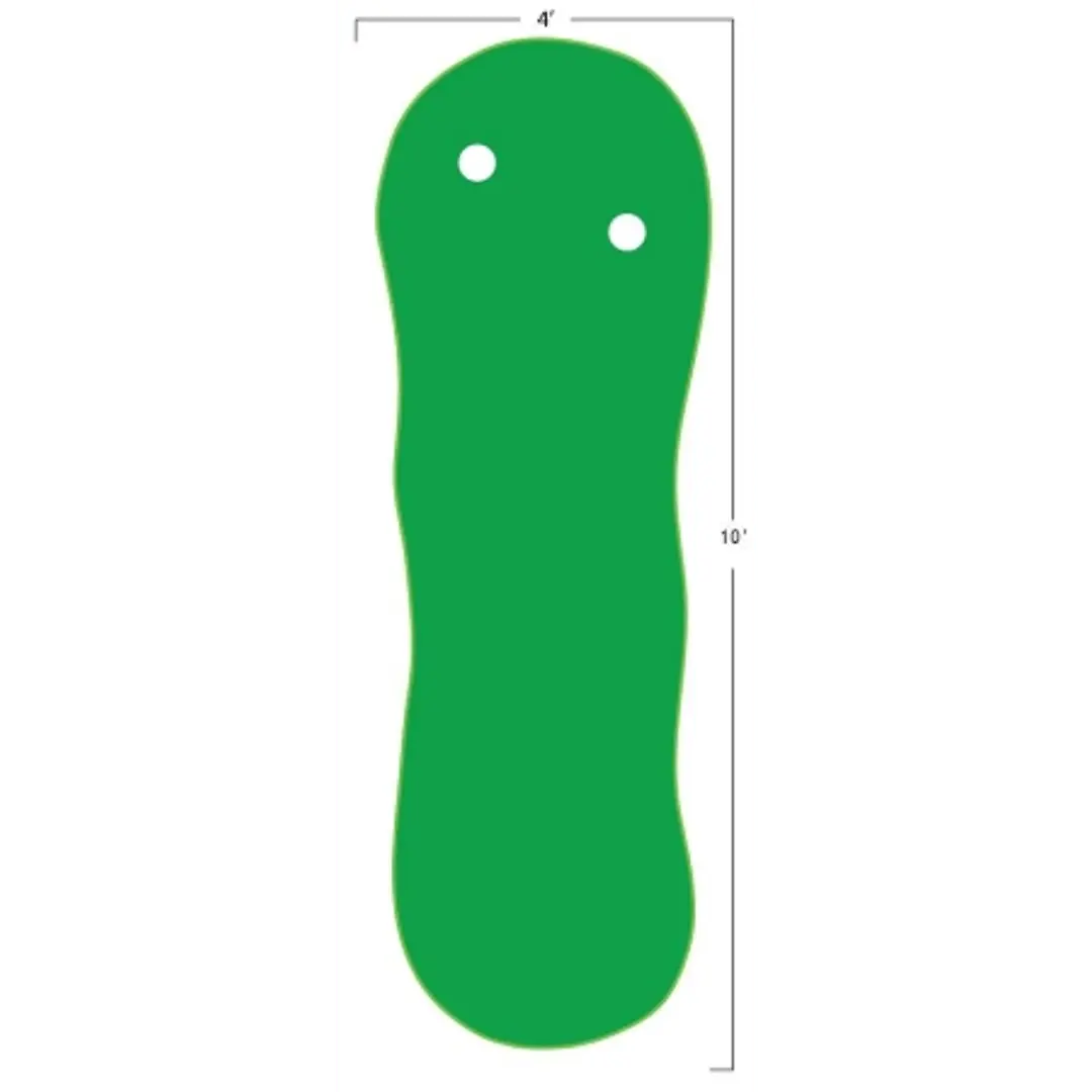 A green, pickle-shaped 4x10 ft mat—Big Moss The Augusta 410 Putting Green, 2 holes for indoor golf practice