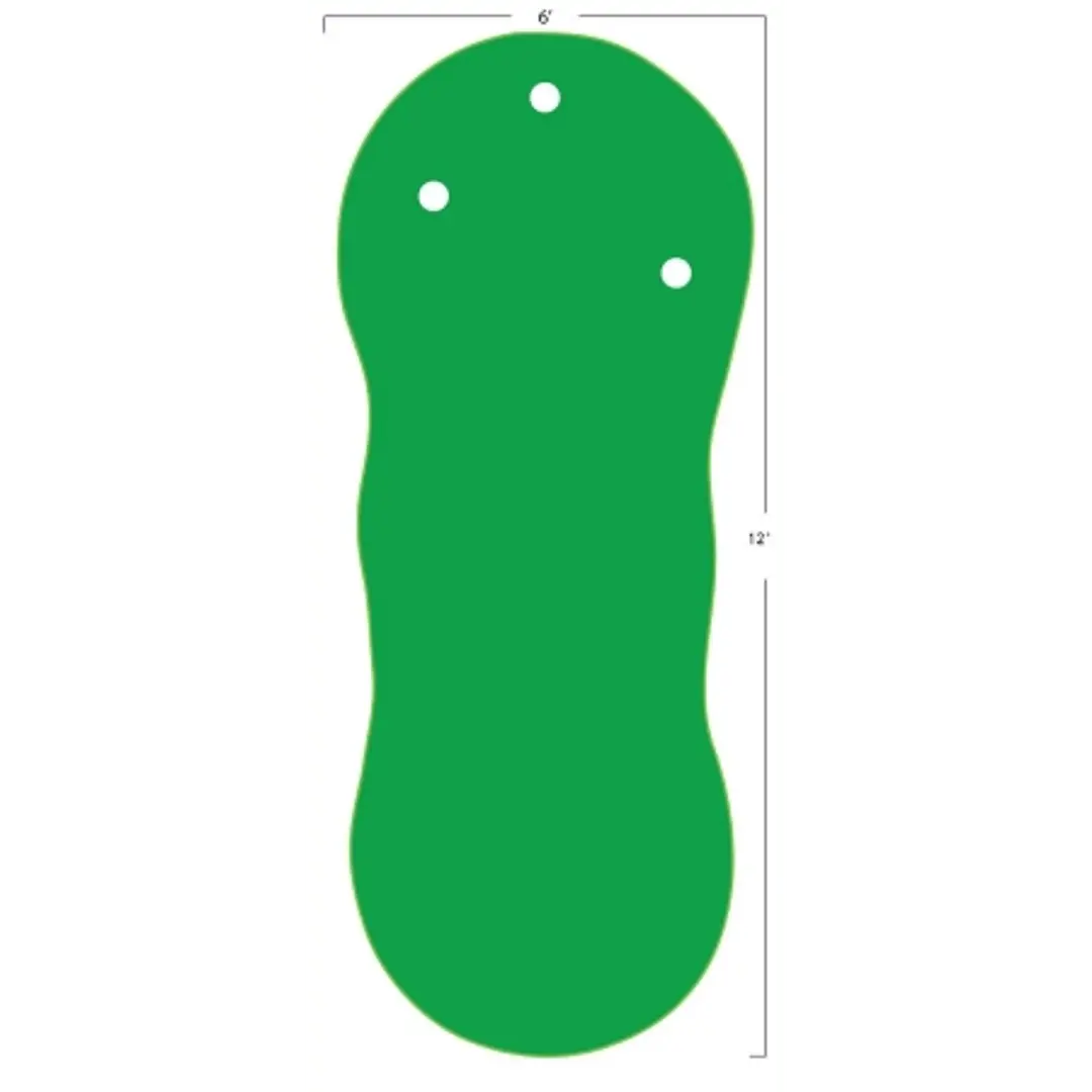 Big Moss The General Putting Green, green oval mat with three white circles, measures 6 by 12 feet