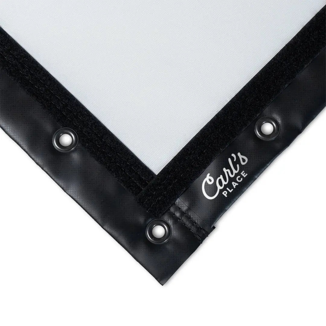 Close-up of golf impact screen corner featuring metal grommets and black reinforced edges