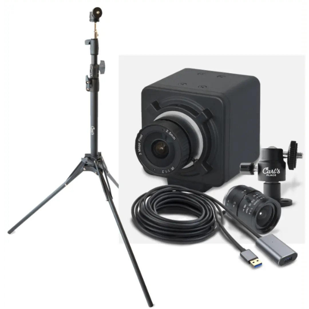 Golf Swing Camera Set with a compact black tripod and attached USB cable on a white background.