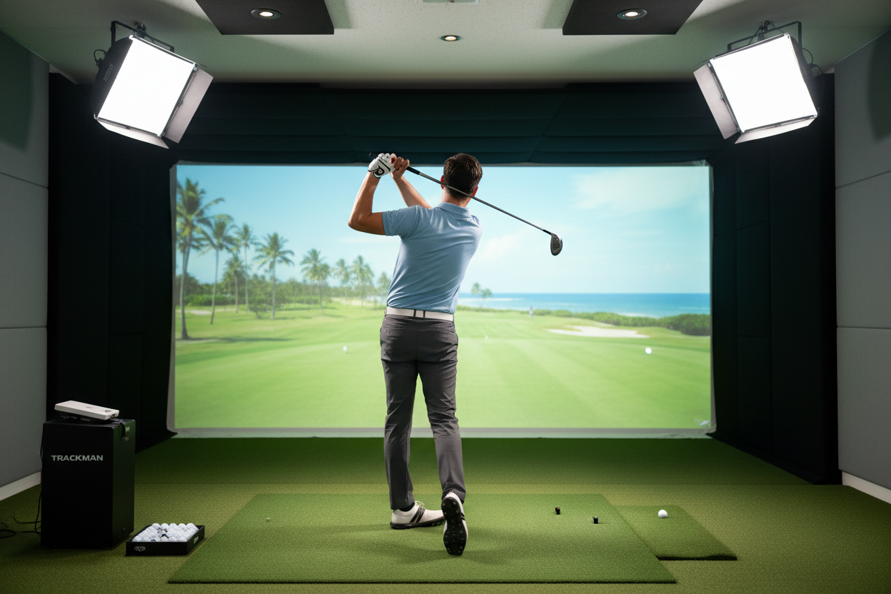 Person playing golf in a virtual reality simulator with a screen displaying a golf course.