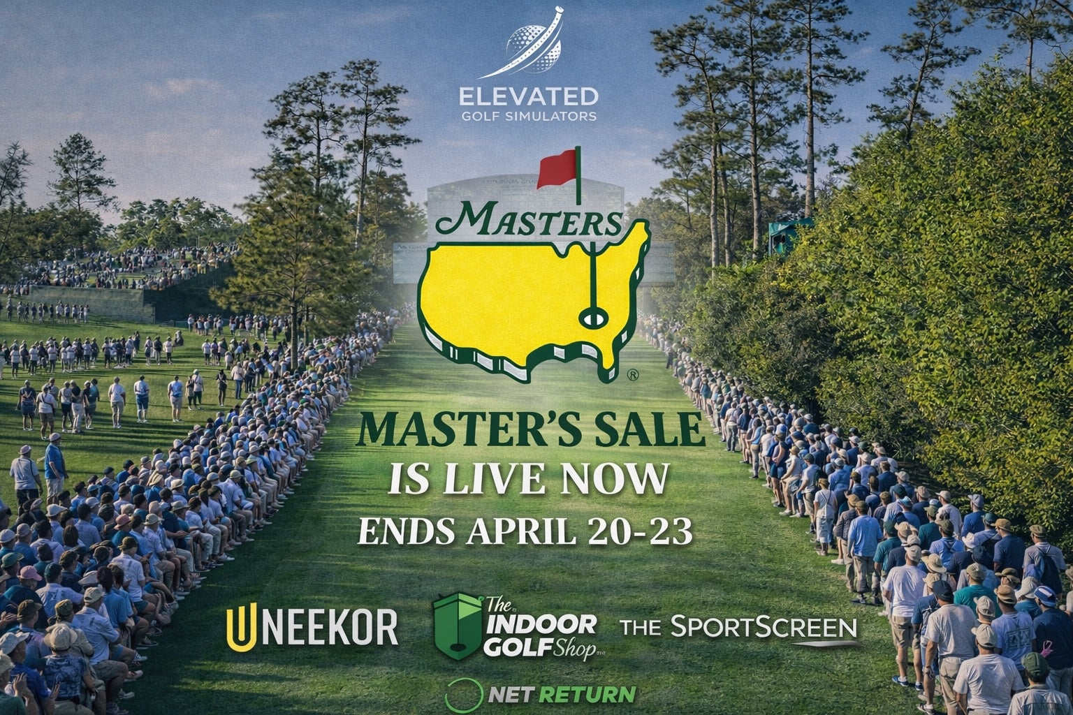 Promotional image for The Masters golf tournament with spectators and branding logos.