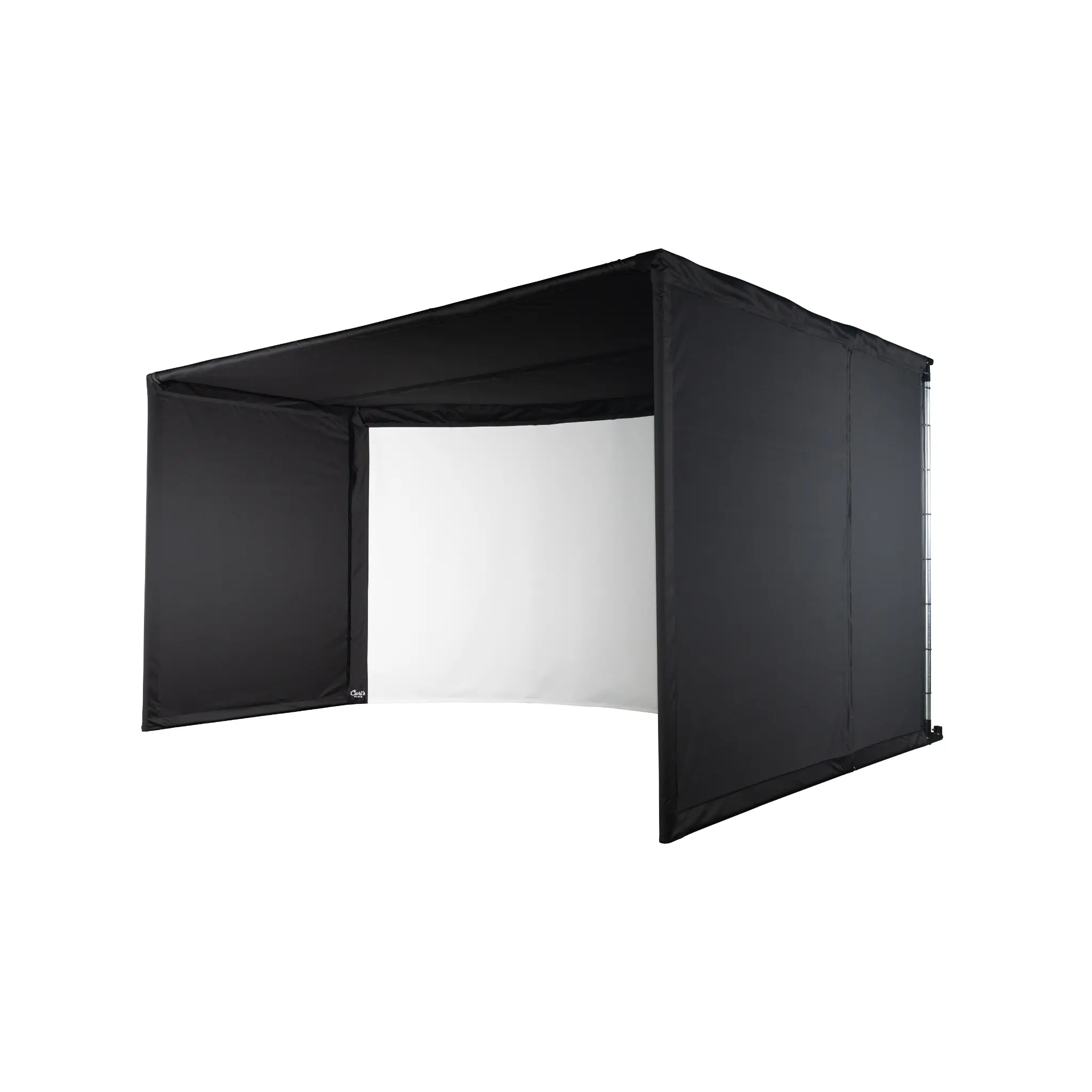 A black golf simulator enclosure with a curved design, featuring a solid black outer fabric and a white interior. The structure is spacious, providing a realistic indoor golfing experience with a panoramic view.