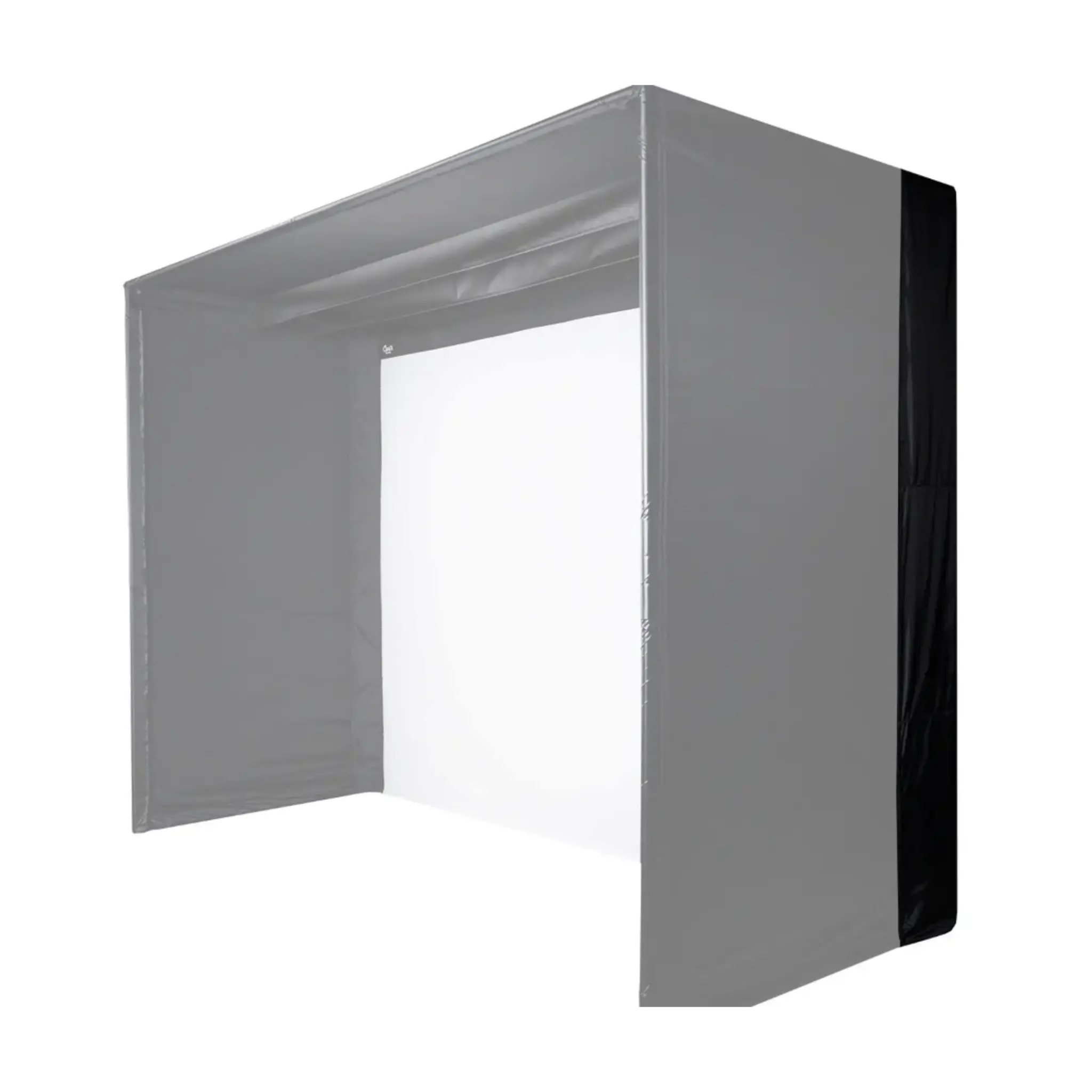 A gray golf simulator enclosure with a large impact screen is prominently displayed. The structure features durable fabric and a clean design, suitable for creating a professional golf simulation environment.