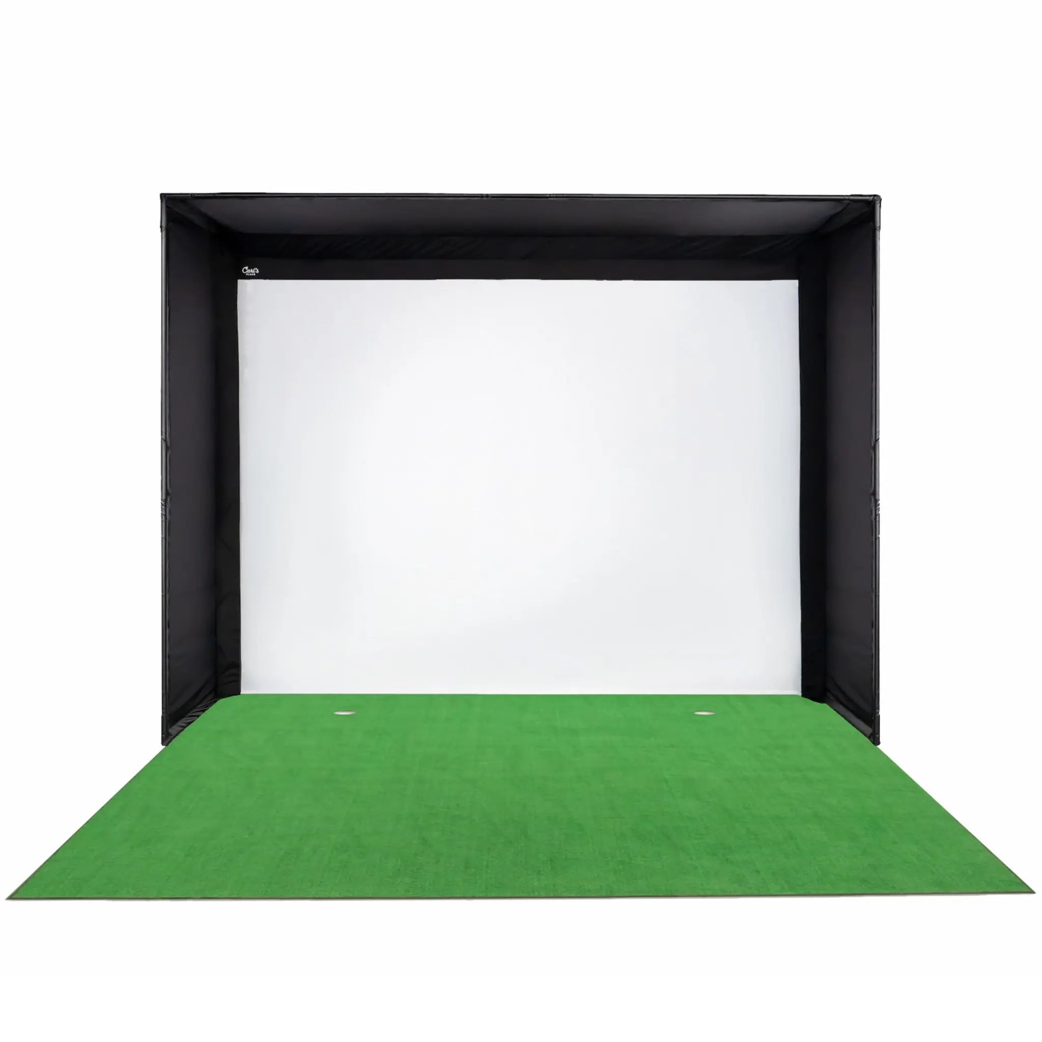 A DIY golf simulator enclosure kit featuring a black frame and a white impact screen in the center. The green turf mat at the bottom creates a realistic golfing environment, ideal for indoor use.