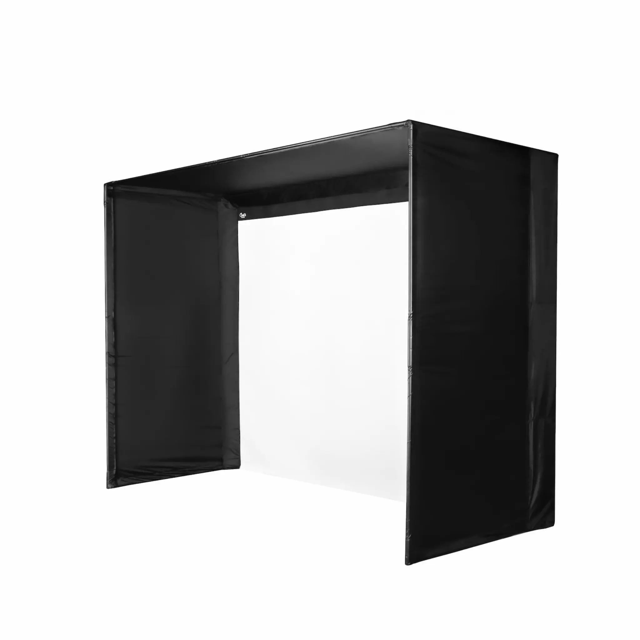 A black golf simulator enclosure with an impact screen is displayed, featuring side panels that extend outward. The enclosure is designed for durability and seamless installation, providing a professional setup for indoor golfing.