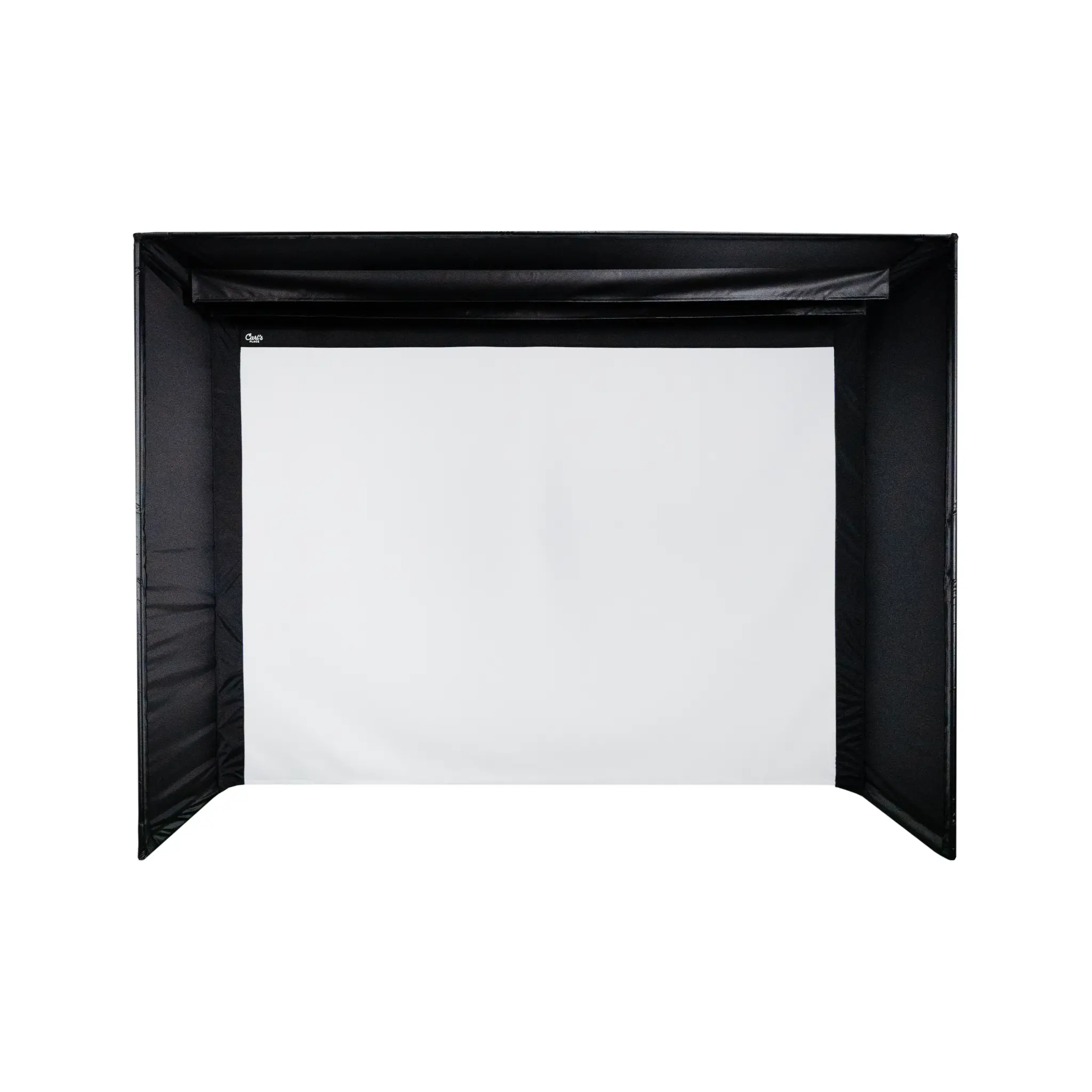 A black golf simulator enclosure kit featuring a large white impact screen at the center. The structure is made of durable nylon and includes robust connector fittings, designed for a professional installation.