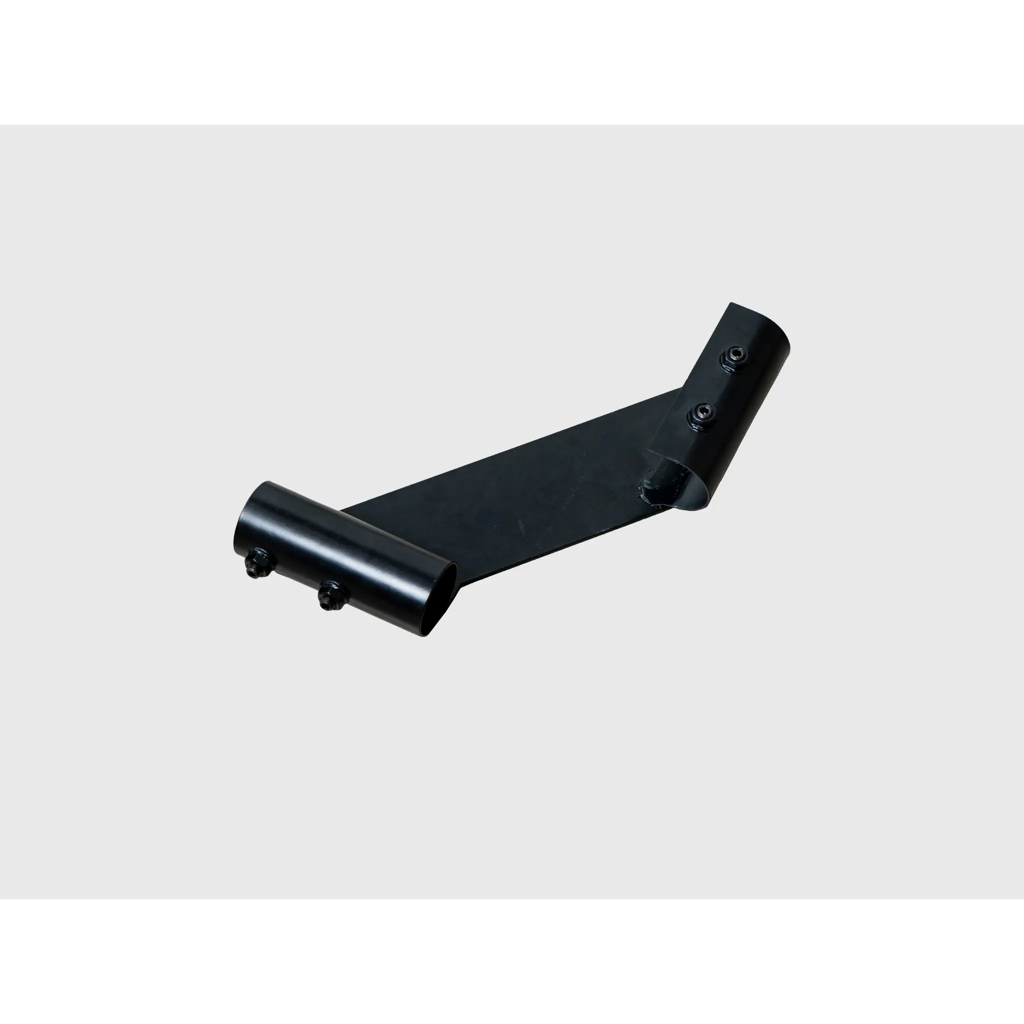 A black metal bracket with a curved design and two mounting holes for screws. This piece appears to be part of a larger assembly, likely intended for use in a construction or installation project.