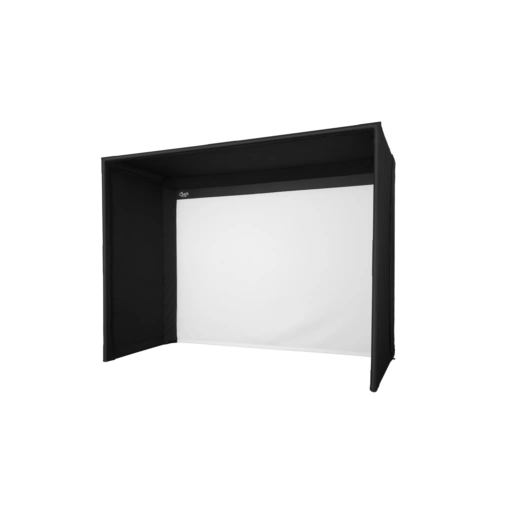 Carl's Place Indoor golf simulator enclosure with white screen
