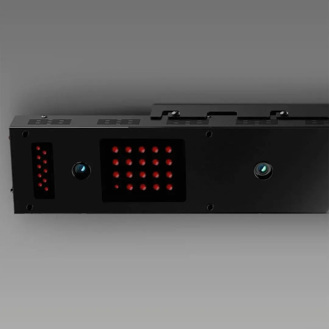 Uneekor EYE XO2 launch monitor with projected shot data in a golf simulator
